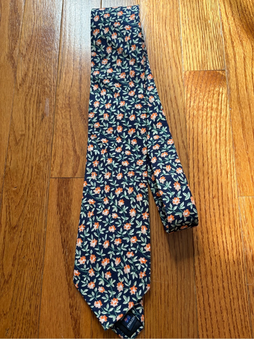 OTAA Men’s Tie Navy Blue Orange White Floral Green Leaf Print